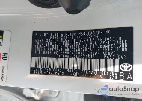 2014 Toyota Corolla L/Le/Le Pls/Prm/S/S Pls from USA, damaged, VIN 5YFBURHEXEP171613